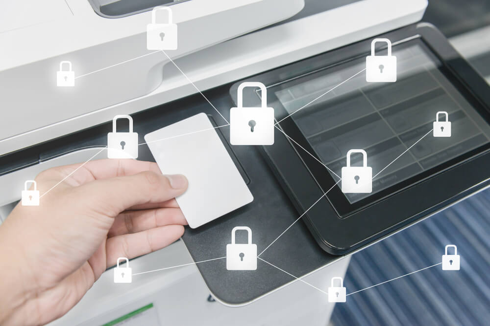 Business Man Hand Is Using Smart Card to Printing Document With Locked Key