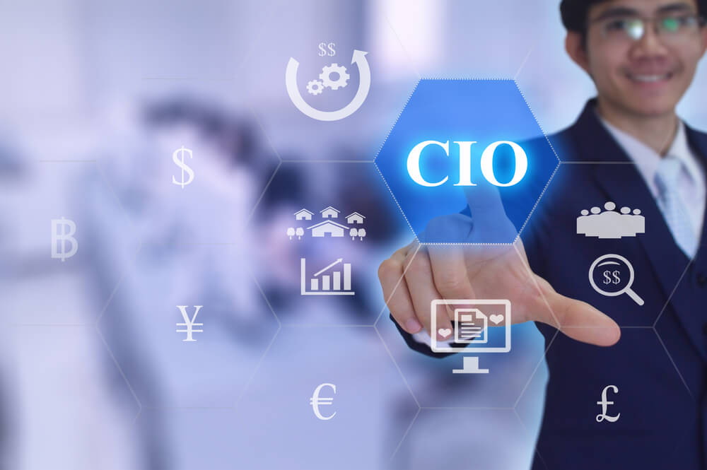 CIO or Chief Information Officer Concept Presented by Businessman Touching on Virtual Screen